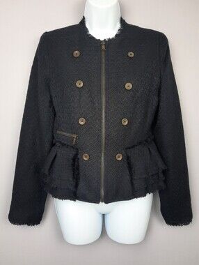 Worthington Black Fringe Trim Ruffle Peplum Zip Up Tweed Military Jacket Small